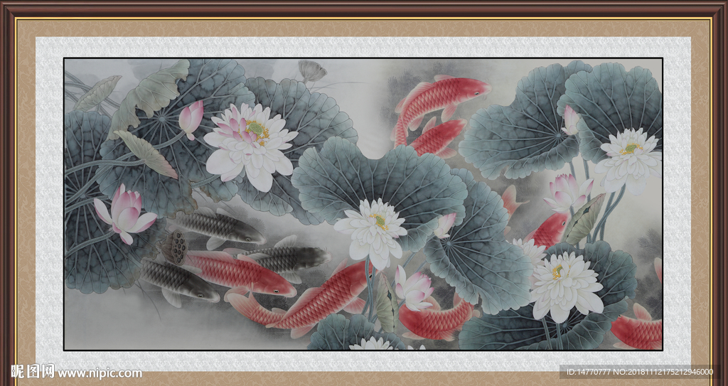 荷花九鱼图 国画