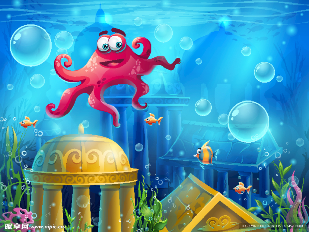 蓝色海底世界红色章鱼