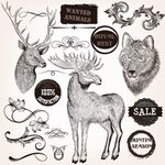 北欧手绘野生动物麋鹿黑白插画