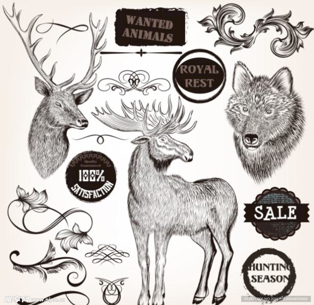 北欧手绘野生动物麋鹿黑白插画