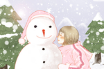 雪天女孩与雪人插画