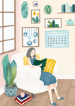 小清新看书女孩插画