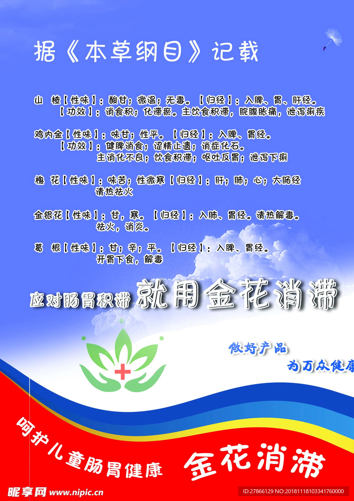 金花消滞海报 蓝色主题 清新
