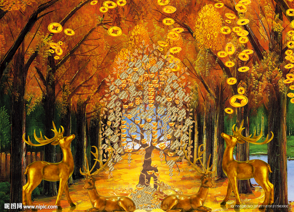 新中式摇钱树麋鹿背景墙