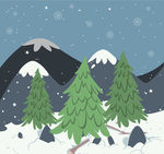 彩绘冬季雪山树木风景