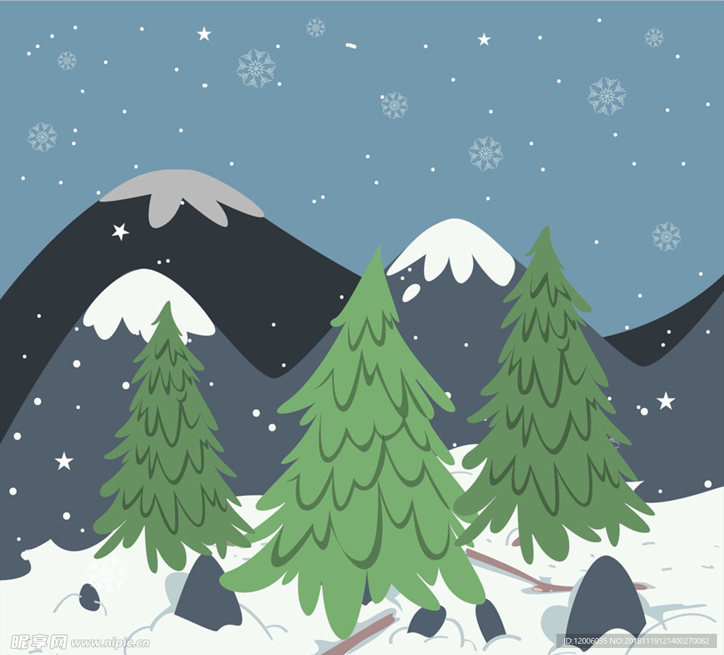 彩绘冬季雪山树木风景