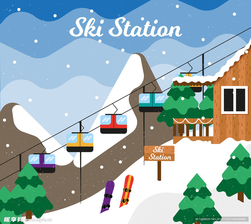 创意冬季滑雪缆车风景