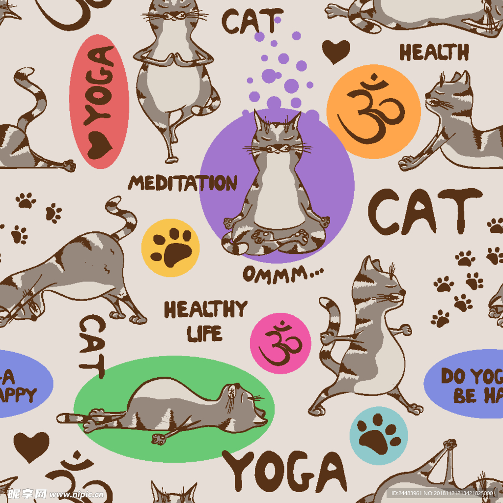 卡通瑜伽猫咪无缝背景