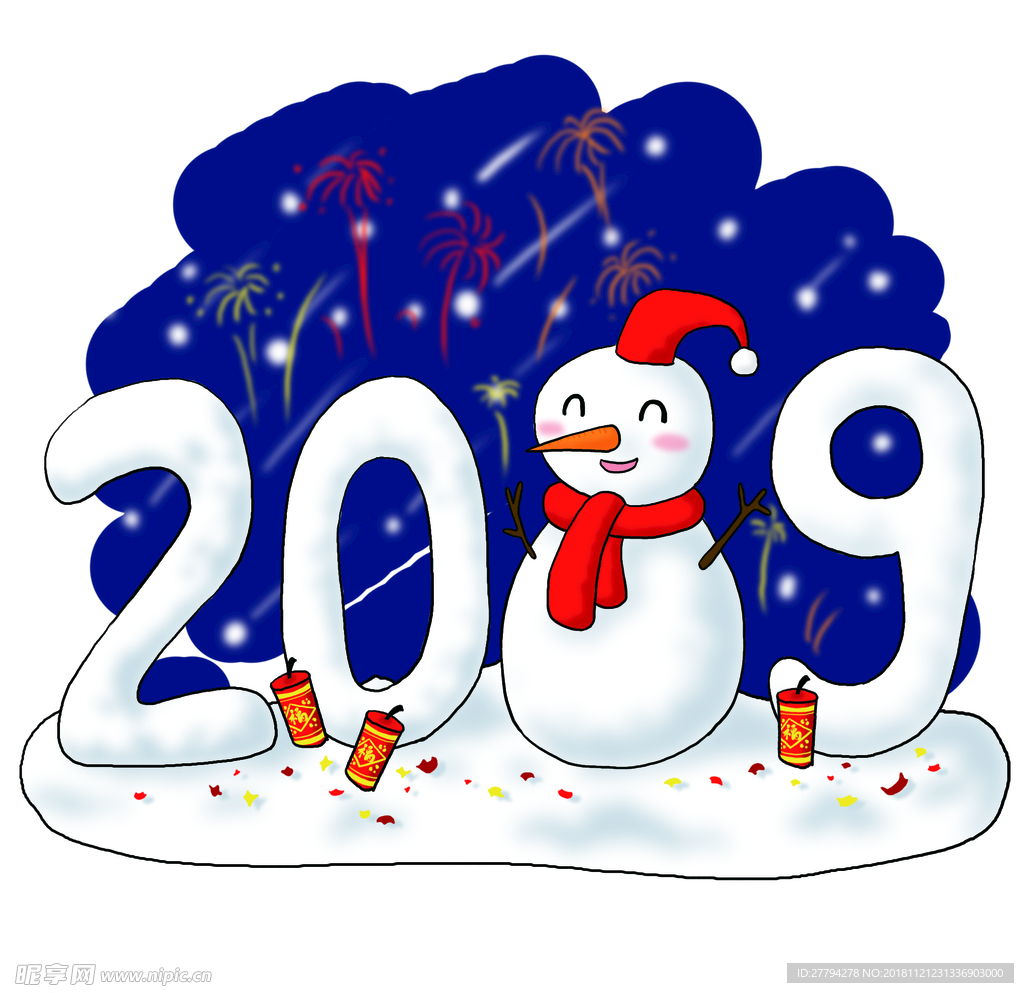 卡通可爱雪人2019新年夜