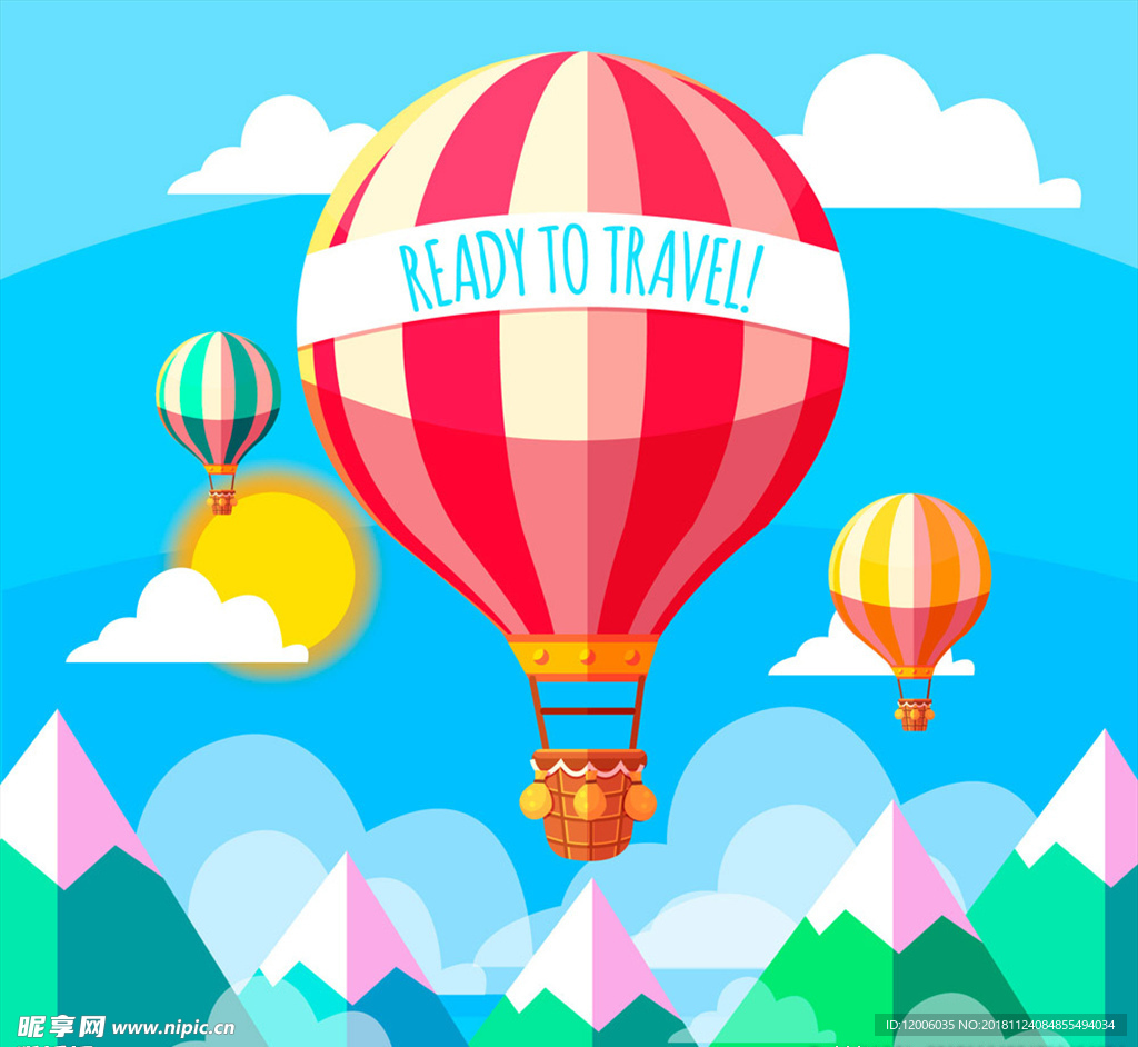 扁平化雪山上空的旅行热气球