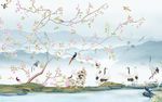 新中式花鸟山水水墨山水背景墙