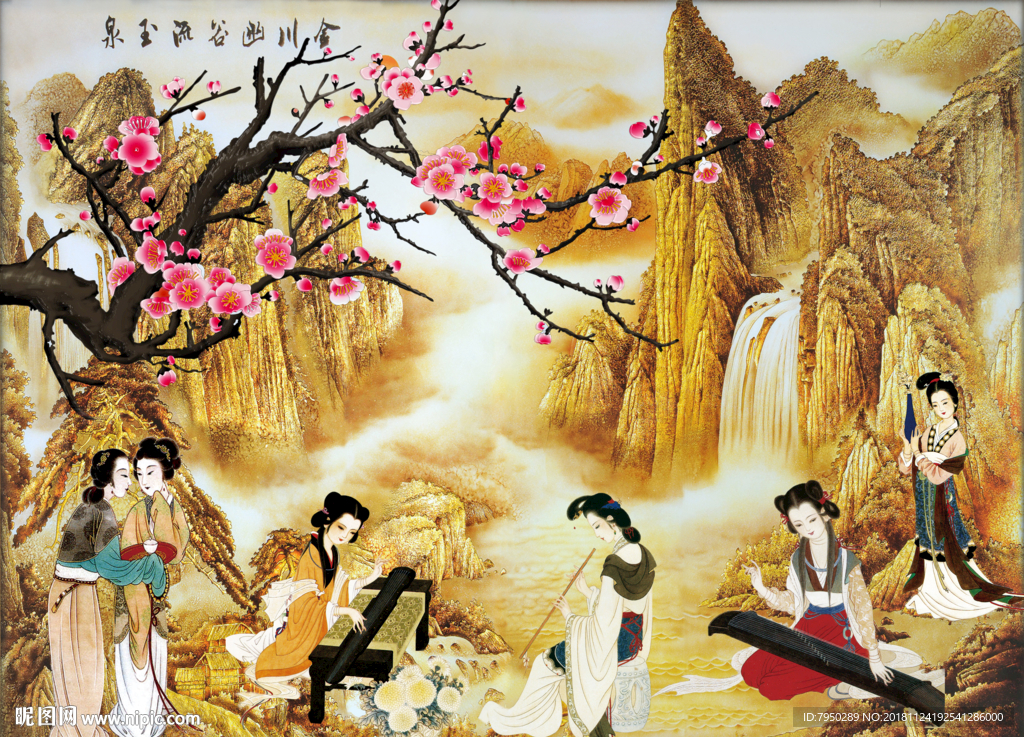 新中式古典仕女背景墙
