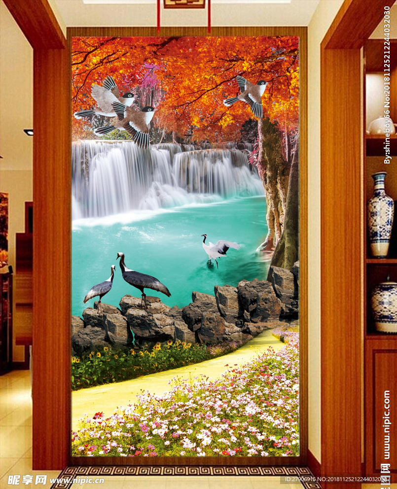 山水瀑布红叶玄关