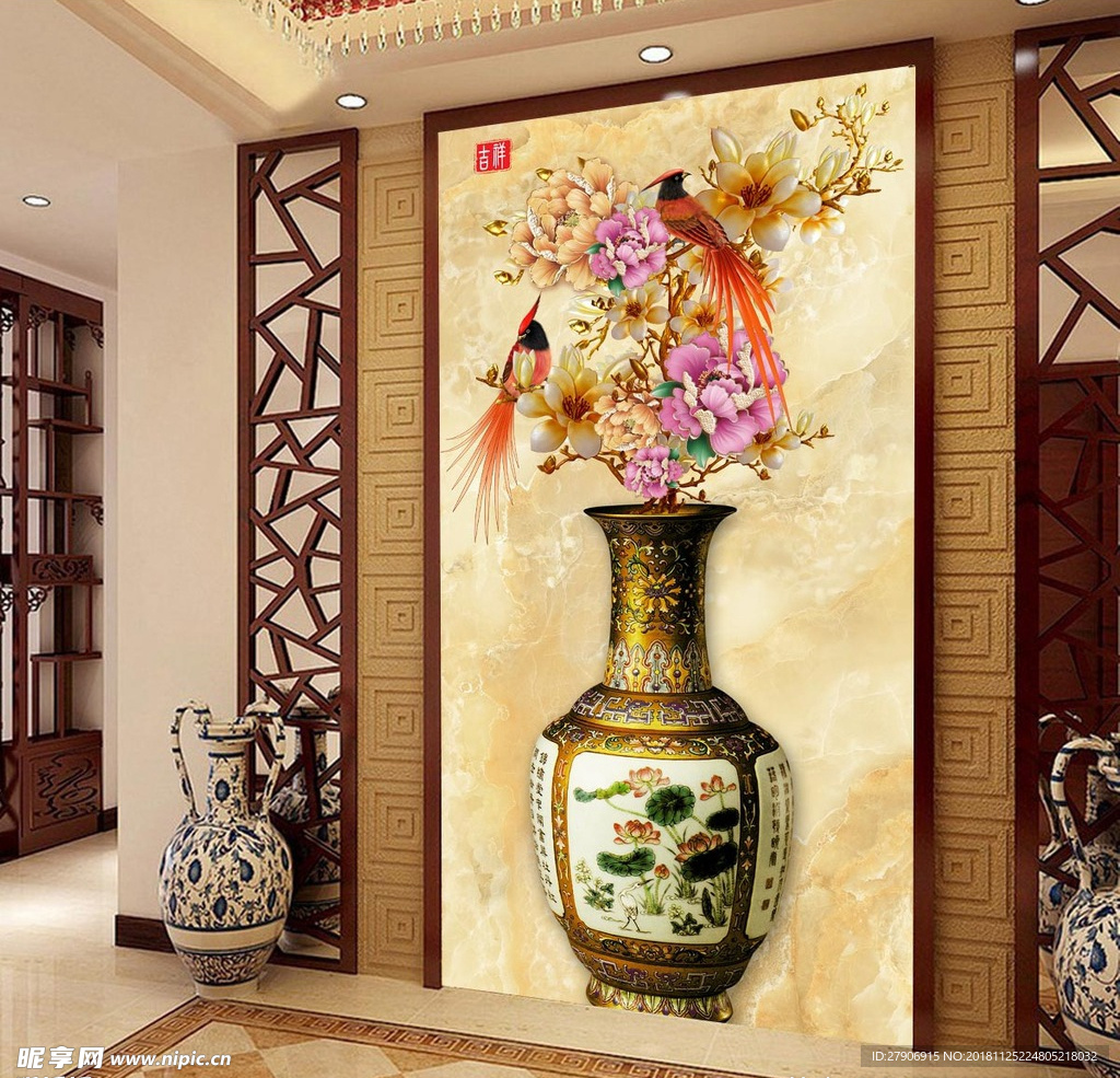 吉祥鸟玉兰花瓶大理石玄关