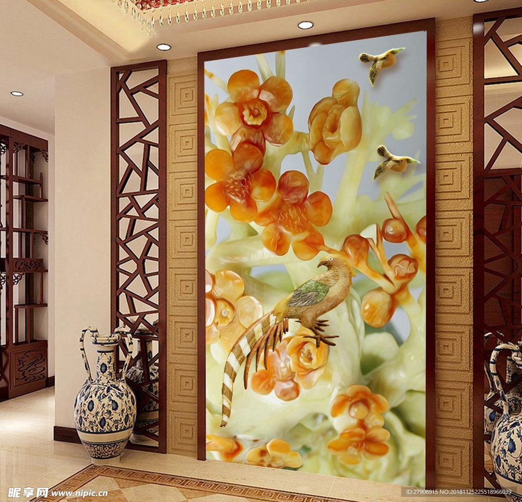 玉雕梅花中式玄关