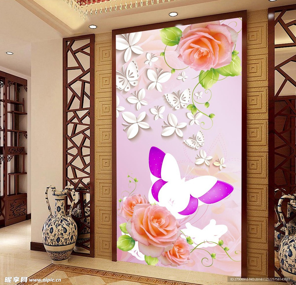 梦幻玫瑰蝴蝶3D立体玄关