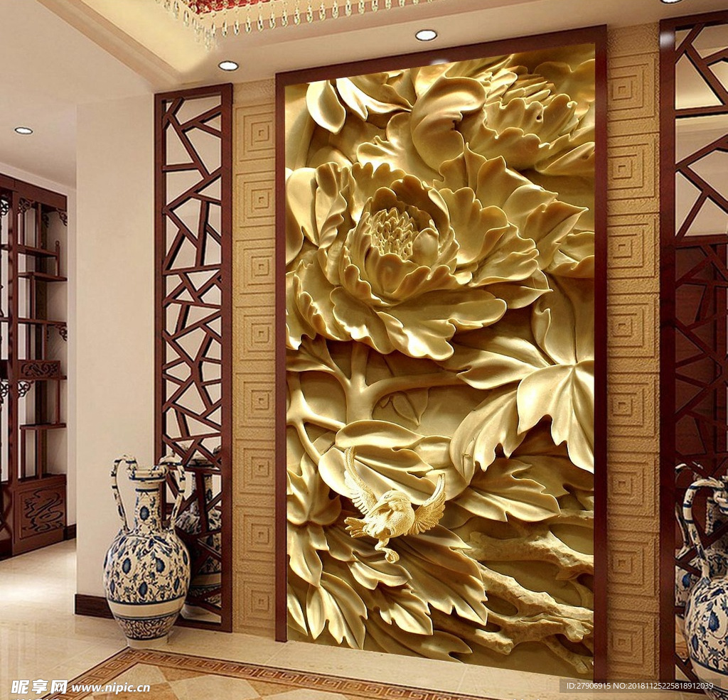 木雕牡丹花中式3D玄关