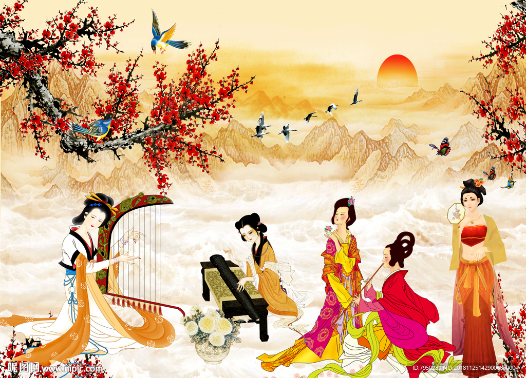 新中式古典仕女背景墙
