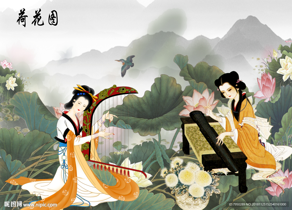 新中式古典仕女背景墙