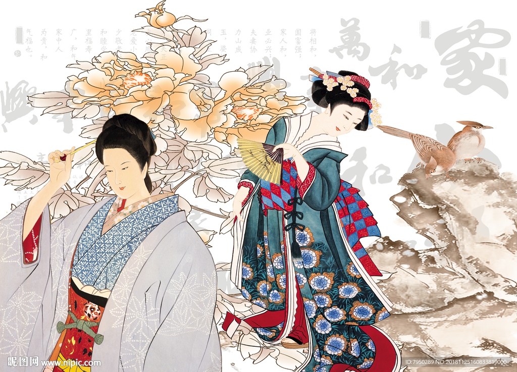 新中式古典仕女背景墙