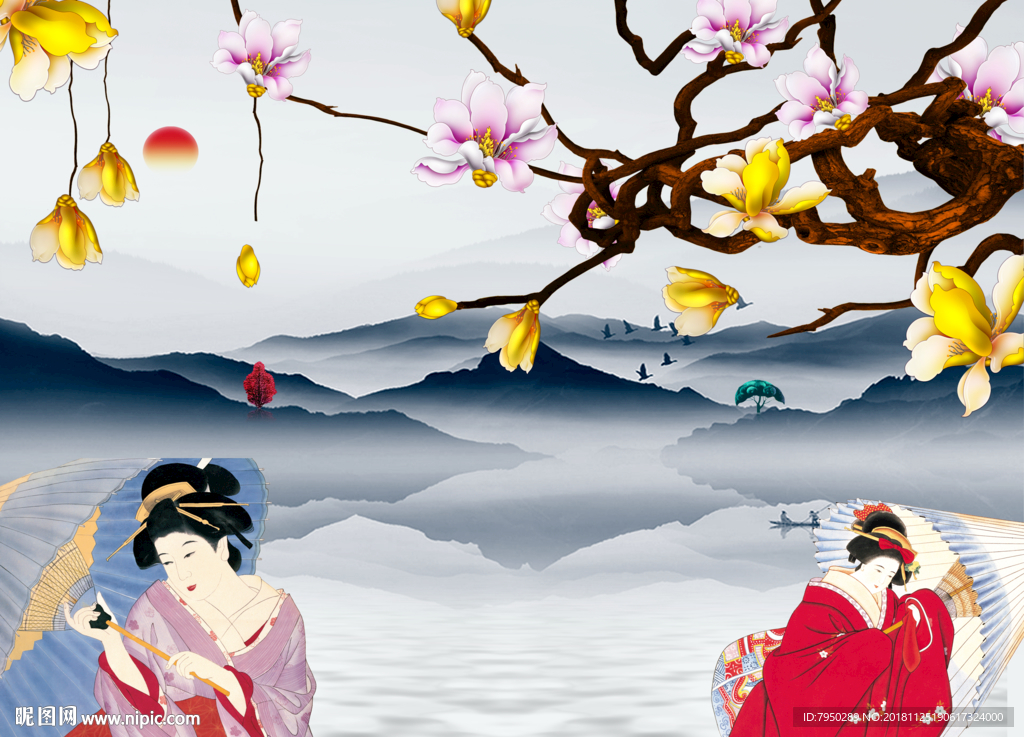 新中式古典仕女背景墙