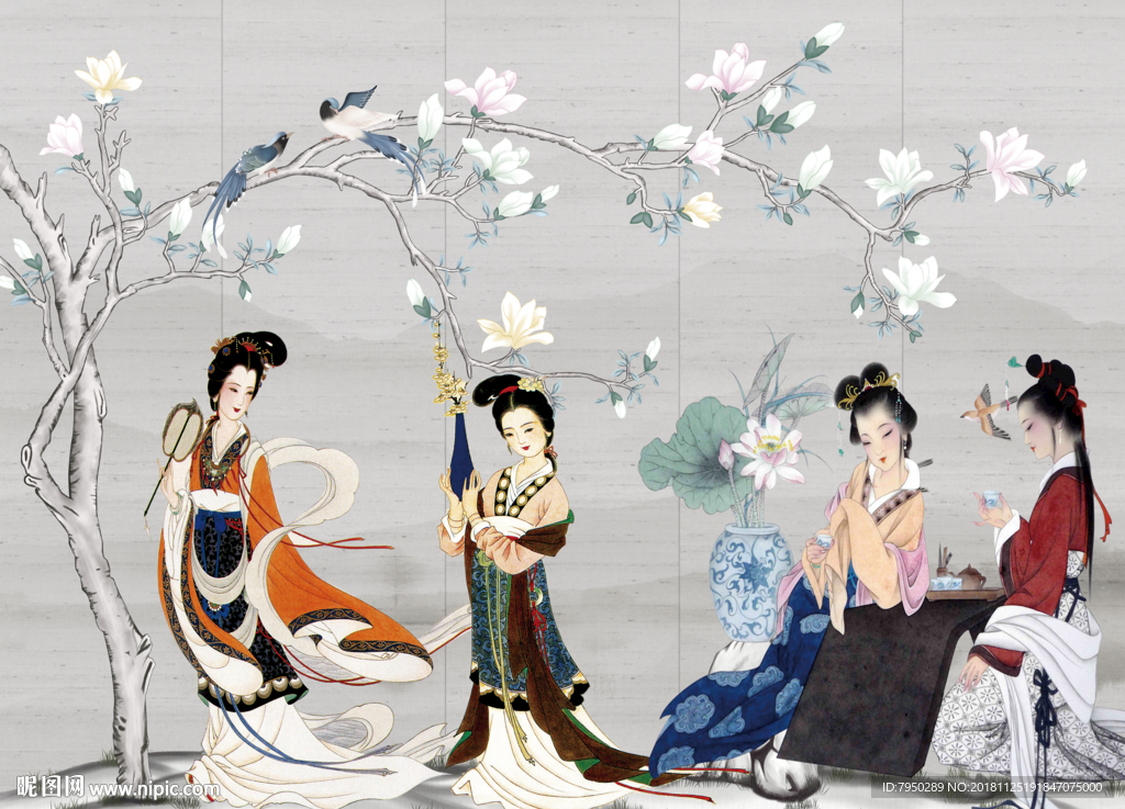 新中式古典仕女背景墙