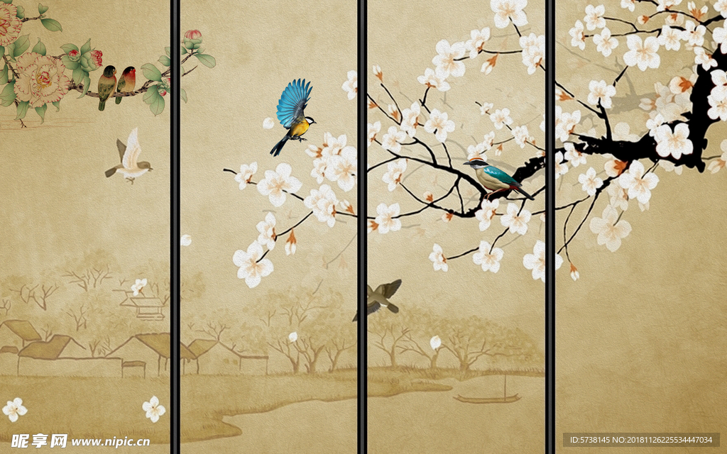 中式花鸟玄关屏风背景底纹素材艺