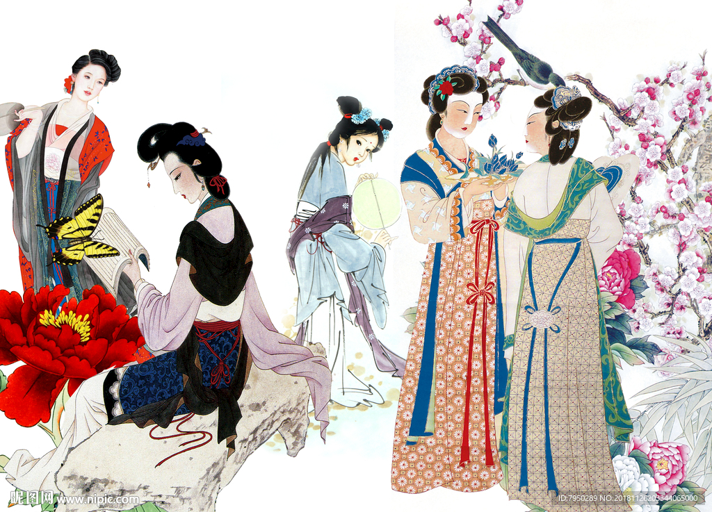 新中式古典仕女背景墙
