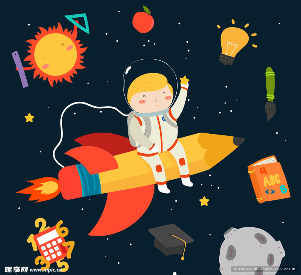 创意坐火箭遨游太空的男孩矢量图