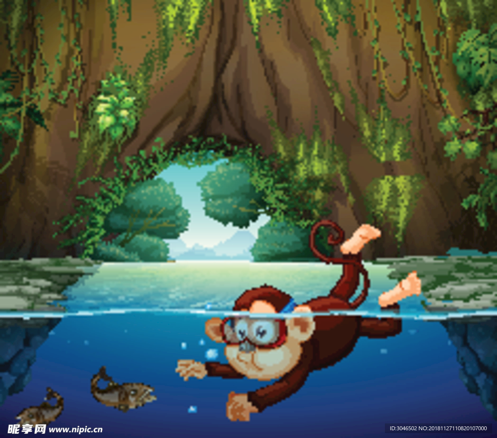 矢量卡通动漫猴子捉鱼场景素材