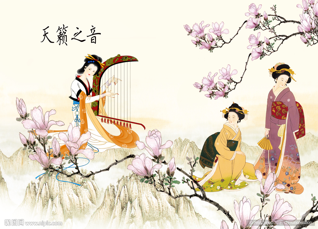 新中式古典仕女背景墙