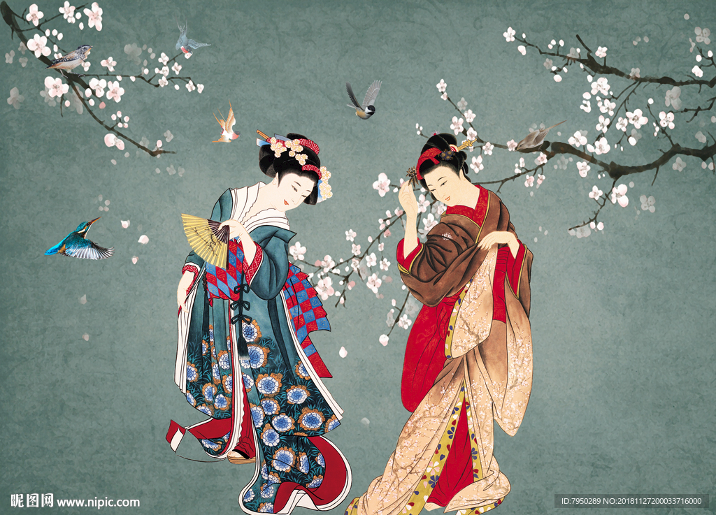 新中式古典仕女背景墙