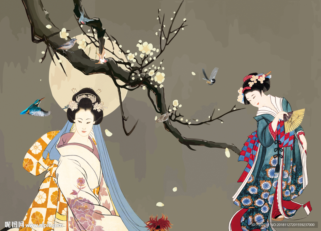 新中式古典仕女背景墙