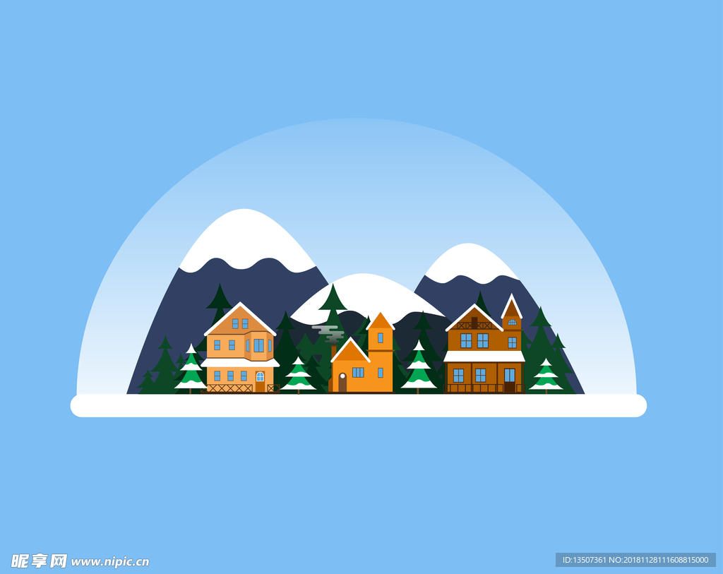 手绘冬天房屋雪景插画设计