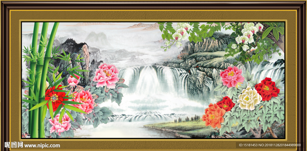 山水国画 花鸟牡丹
