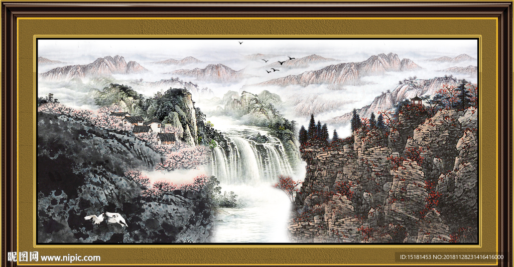 巨幅山水画 流水生财 山水瀑布