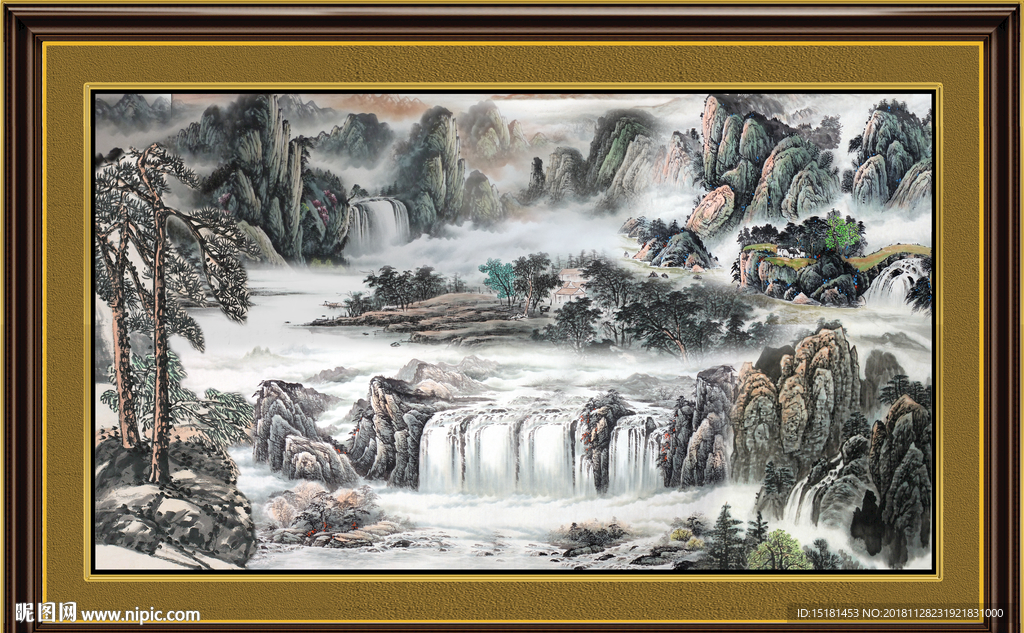 巨幅山水画 流水生财 山水瀑布
