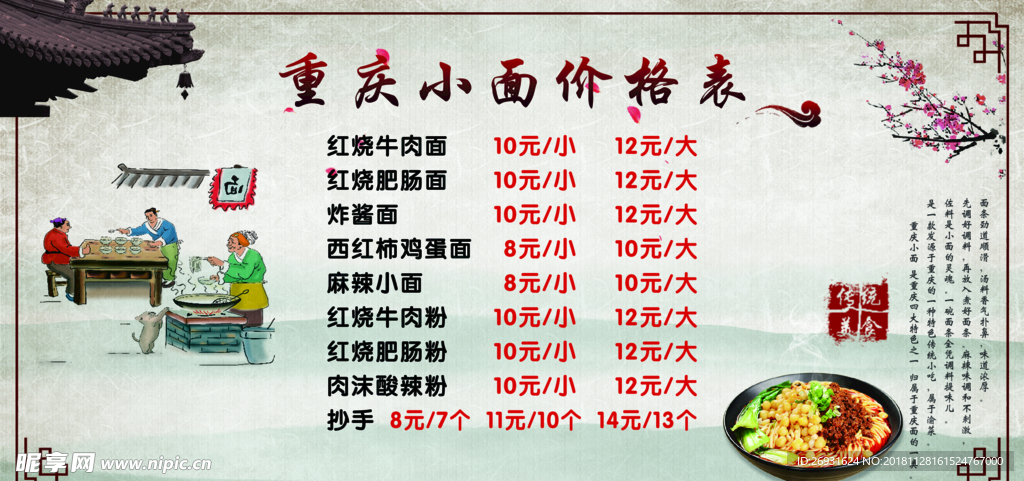 重庆小面价目表