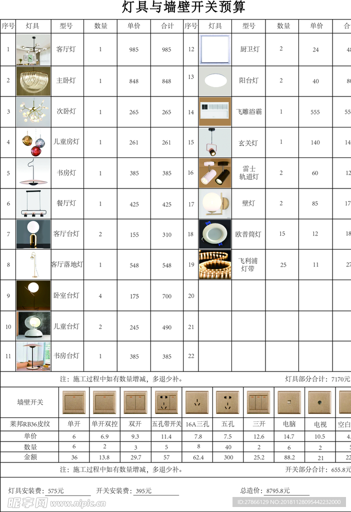 灯具与墙壁开关报价表ai表格