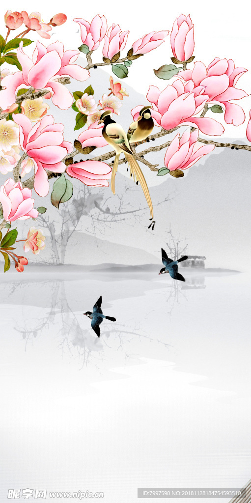 装饰画挂画壁画墙画三联画玉兰画