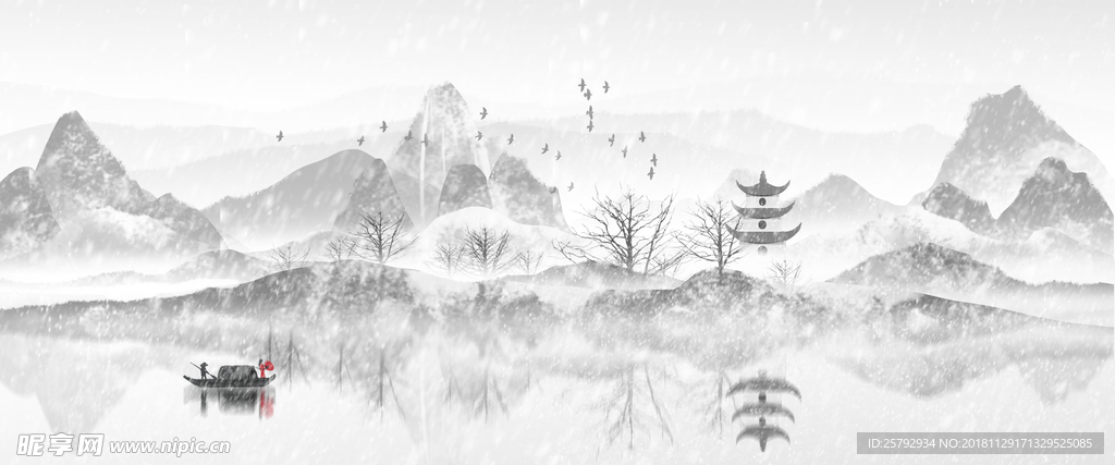 冬季雪景水墨插画