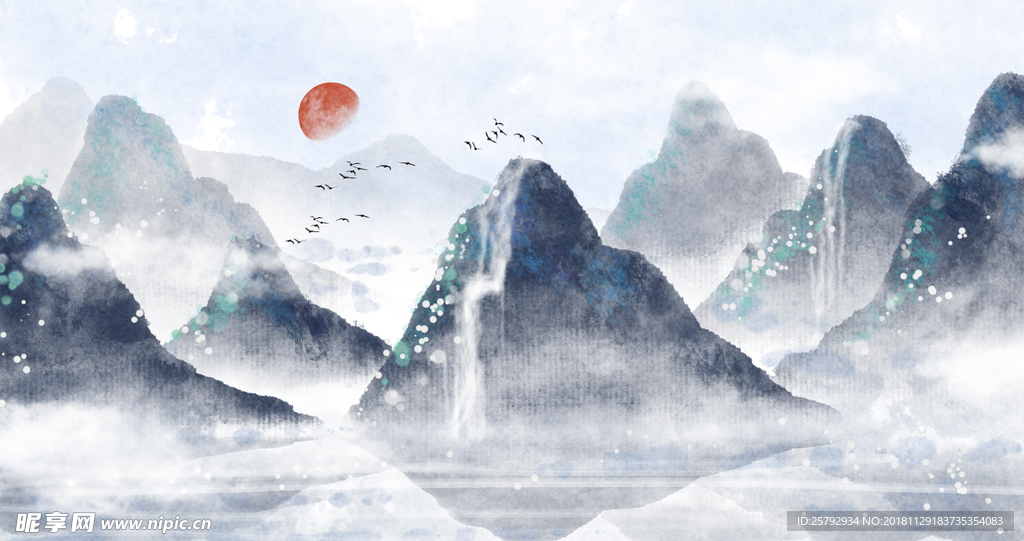 中国风墨色意境山水水墨插画