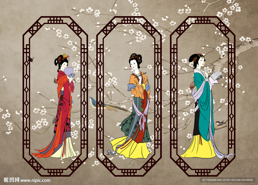 新中式古典仕女背景墙