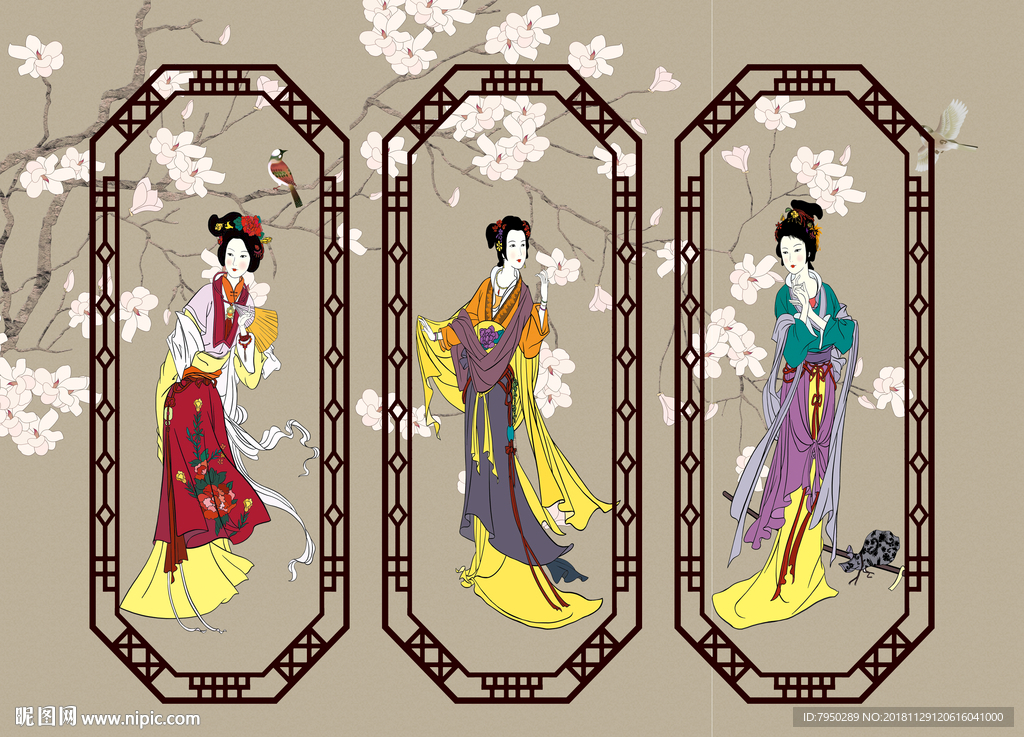 新中式古典仕女背景墙