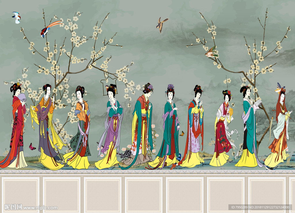 新中式古典仕女背景墙