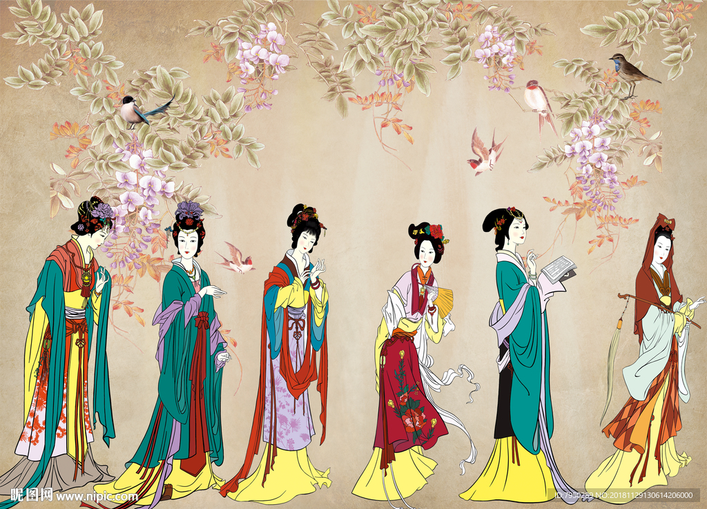 新中式古典仕女背景墙