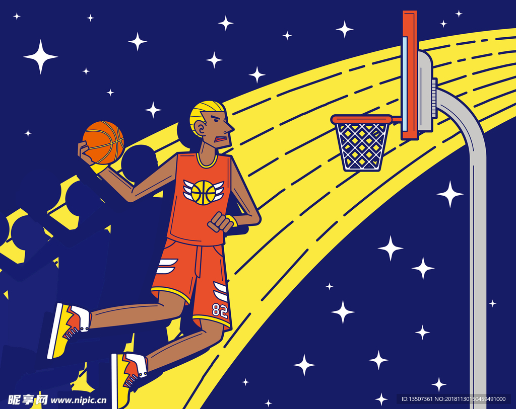 手绘篮球运动员灌篮插画设计