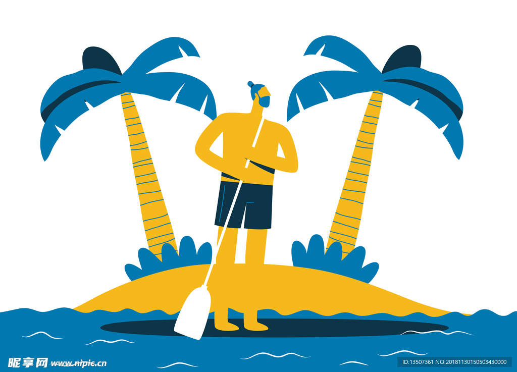 手绘在海边划桨的男人插画设计