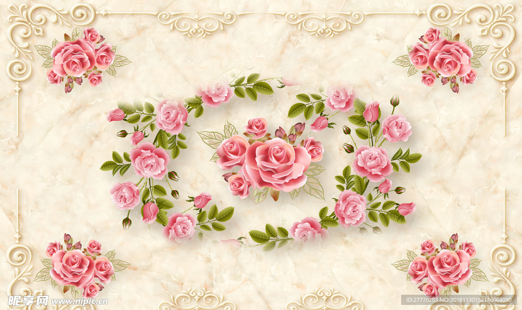 欧式花纹玫瑰背景墙