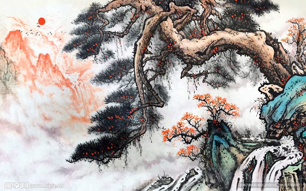 水墨国画树玄关屏风背景底纹素材